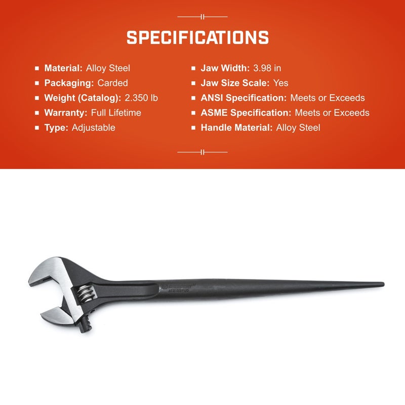 Crescent 16" Adjustable Black Oxide Construction Wrench - Home Improvement Hand Tool for Tight Spaces - Wide Mouth - AT215SPUD - Image 4